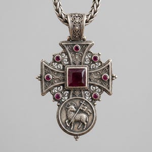 Sterling Silver Agnus Dei Cross Pendant with Rubies, Handmade Christian Religious Necklace