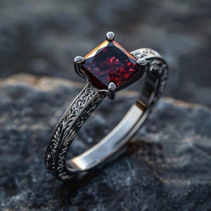 Princess Cut Ruby Ring | Engraved Dark Silver | Victorian Gothic Engagement