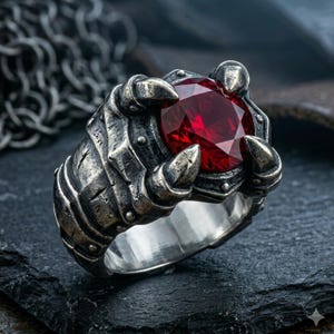 Ruby Red Gemstone Dragon Claw Ring | Gothic Silver Jewelry | Alternative Gift