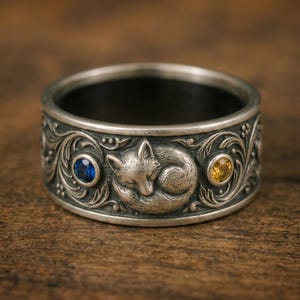 Sleeping Fox Botanical Vine Blue Yellow Gemstone Ring | Woodland Creature Ring | Forest Cottagecore Band