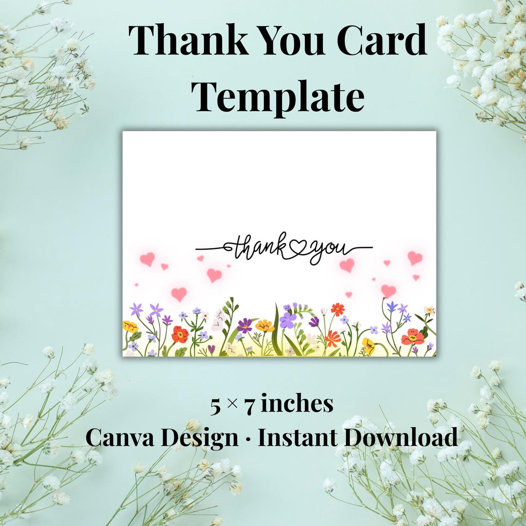 Thank You Card Template 5x7 Inches Editable Canva Template Wildflower ...