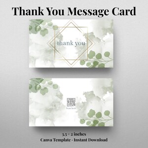 Puede incluir: Dos tarjetas de agradecimiento. La tarjeta superior tiene un marco geométrico dorado con las palabras "thank you" en su interior. Las tarjetas tienen un diseño de acuarela con hojas verdes y un código QR. Las tarjetas miden 8,89 x 5,08 cm.
