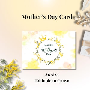 Mimosa Mother’s Day Thank You Card Template A6 Editable in Canva Botanical Yellow Floral Printable Card