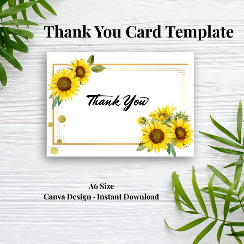 Sunflower Thank You Card Template Gold Frame A6 Size Canva Editable ...
