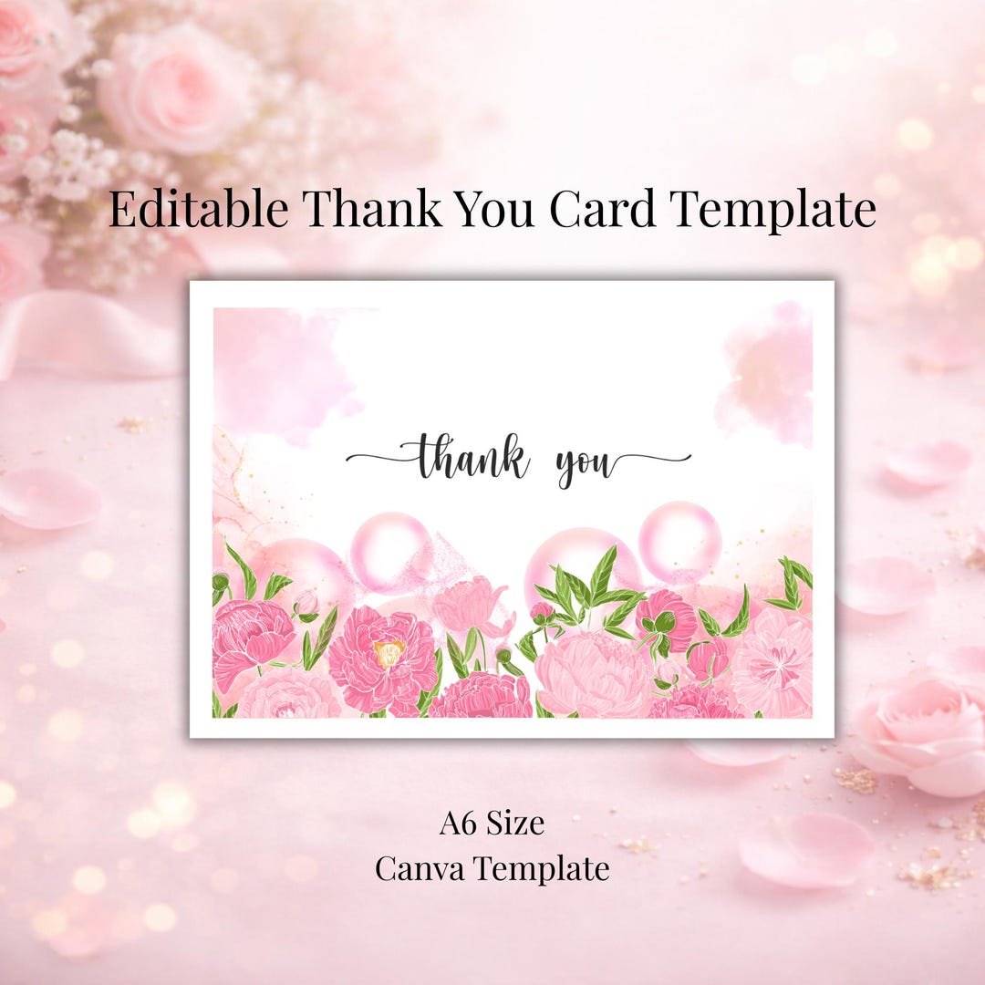 Editable Thank You Card Template A6 Pink Floral Card Canva Template ...