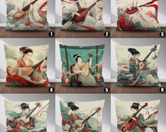 Funda de almohada china Pipa con efecto lavado a la tinta, cojín decorativo de belleza china antigua, cojín de decoración tradicional oriental para el hogar.