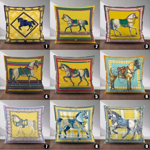 May include: A collection of decorative throw pillows featuring equestrian designs. Each square pillow showcases a different horse illustration in various colors, set against a yellow or patterned background. The pillows have decorative borders and are suitable for home decor.