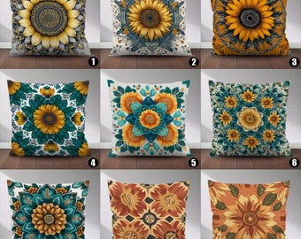 Bohemian sunflower throw pillow, vintage floral mandala cushion, yellow-green decoration, Bohemian farmhouse bedroom, housewarming gift.