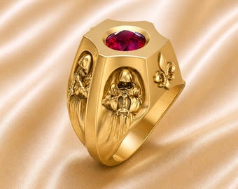 Guardians Ring Over Vintage Catholic Christian Red Ring Men's Jewelry Praying Hands Ring Ruby Praying Ring Trendy Male Ring Gift for Her.