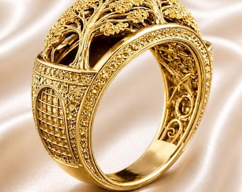 Tree of Life Ring, 925 Sterling Silver Ring, 14K Gold Plated Ring, Nature Inspired Ring, Statement Gold Ring, Unique Designer Jewelry, Gift.