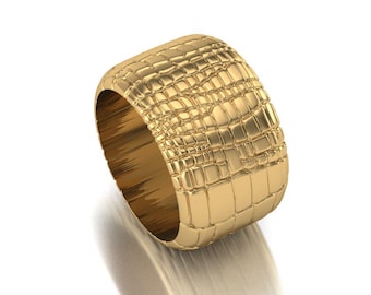Crocodile Texture Wide Band Ring, 925 Silver 14K Gold Plated Ring, Textured Statement Band, Modern Minimalist Ring, Unisex Jewelry Gift.