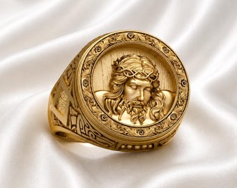 Jesus Round Ring, Jesus Head Ring, Catholic Christian Ring, Jesus Signet Ring, Baptism Gift, Christian Catholic Jewelry, Gift for Christian.