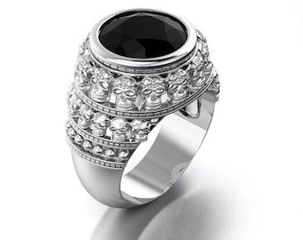Black Stone Skull Ring, 925 Sterling Silver Gothic Ring, Skull Statement Ring, Black Gemstone Ring, Biker Jewelry, Handmade Men's Ring.