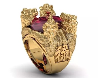 Lion Head Statement Ring, 925 Sterling Silver Ring,14K Gold Plated Lion Ring, Red Gemstone Ring, Gothic Animal Jewelry, Handmade Signet Ring