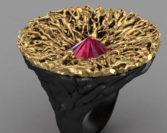 Abstract Sculptural Statement Ring, Artistic Gemstone Ring, Avant Garde Ring, 925 Silver, 14K Gold Plated Ring, Contemporary Jewelry Gift.