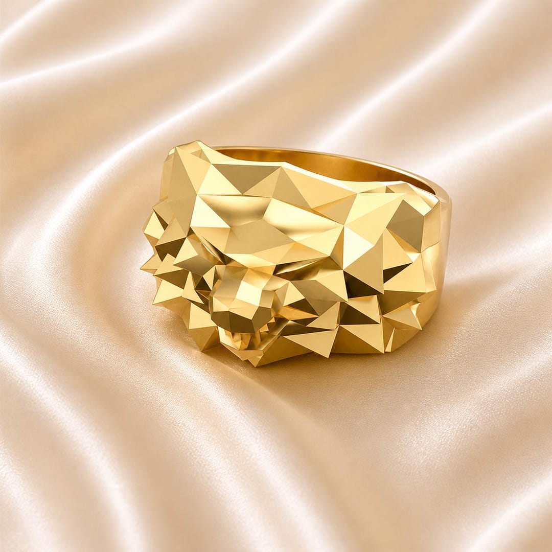 Geometric Wolf Head Ring, 925 Sterling Silver 14K Gold Plated Ring ...