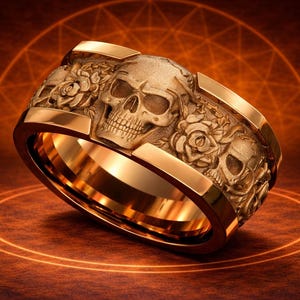Skull Rose Engraved Ring 925 Sterling Silver 14K Gold Plated Gothic Band Ring Floral Skull Jewelry Statement Ring Gift for Men Women.