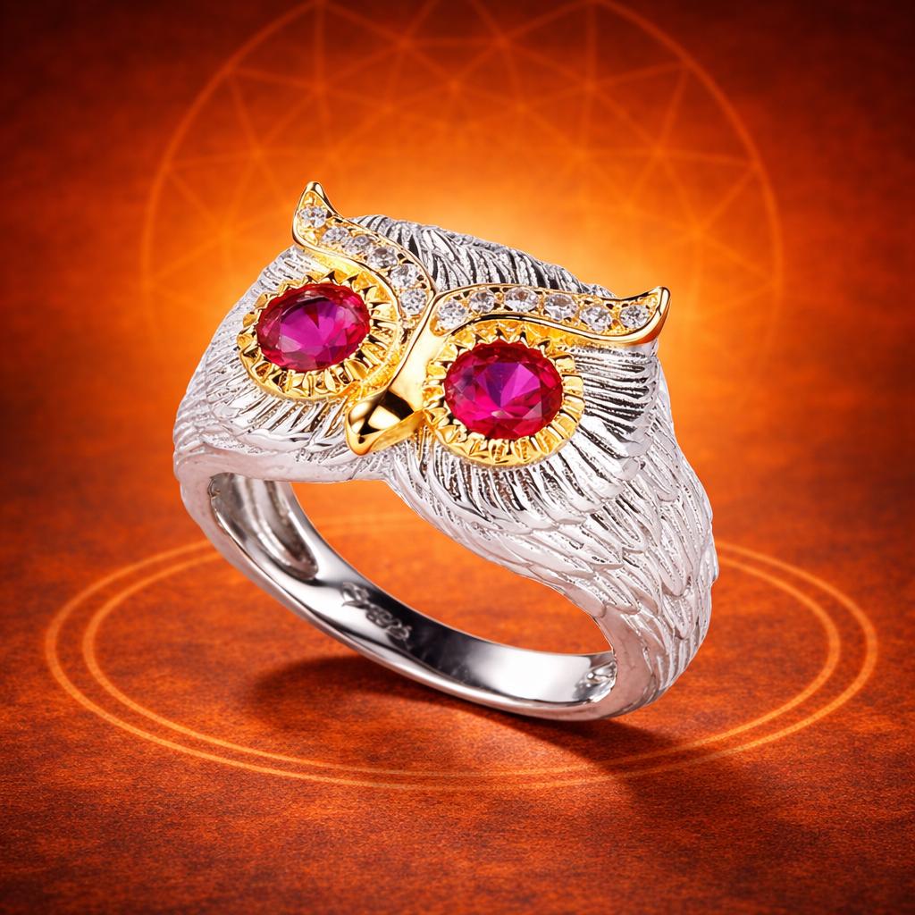 Crimson Gaze Owl Ring, Feathered Wisdom: Ruby-Eyed Owl Ring, Guardian of the Night &ndash; Diamond &