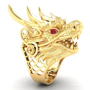 14K Gold Plated Dragon Head Ring, Red Stone Dragon Ring, Fantasy Animal Statement Ring, Handmade 925 Silver Ring, Bold Unisex Jewelry Gift.