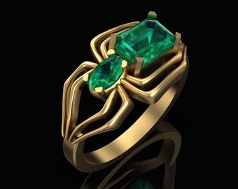 14K Gold Plated Ring, Spider Statement Ring, Arachnid Inspired Ring, Gothic Spider Emerald Jewelry, Unique Nature Inspired Gift,Gift for her