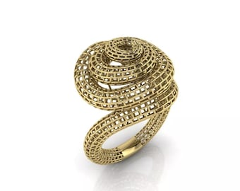 Spiral Mesh Statement Ring, Geometric Openwork Ring, Modern Sculptural Ring, 14K Gold Plated Ring, Contemporary Jewelry Gift, mesh ring.
