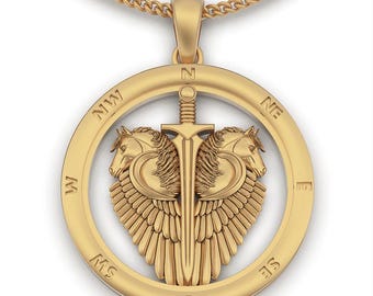 Horse and Sword Pendant, Animal lover, HorsePendat, Winged Sword Jewelry, Sterling Silver Compass Amulet, Norse Warrior Necklace, Men’s Gift