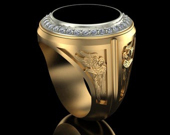 Angel Signet Ring, Black Onyx Style Ring, 925 Silver 14K Gold Plated Ring, Guardian Angel Statement Ring, Men's Vintage Jewelry Men's Gift.
