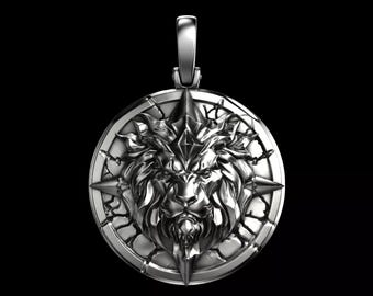 Lion Head Pendant Necklace, Compass Medallion Pendant, 925 Sterling Silver Pendant, Warrior Lion Jewelry, Statement Necklace Gift for Men.