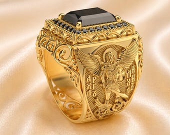 Archangel Michael Signet Ring, 925 Sterling Silver 14K Gold Plated Religious Ring,Saint Michael Shield Ring,Christian Statement Jewelry Gift