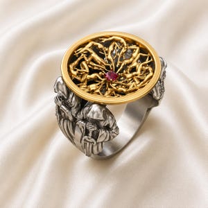 Könnte beinhalten: Zweifarbiger Ring mit goldfarbenem, kreisförmigem Oberteil mit goldfarbenen Figuren und einem zentralen roten Edelstein. Das Band des Rings ist silberfarben und hat Figuren in Umhängen. Schmuck.