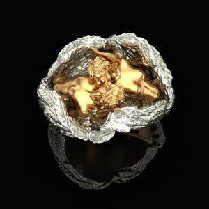 Angel Wing Ring Two Tone Silver Gold Plated Ring, Guardian Angel Jewelry, Statement Ring for Men Women, Handmade 925 Sterling Silver Gift.