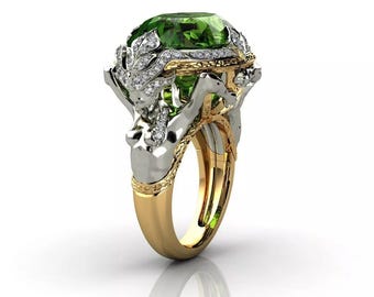 Green Gemstone Fantasy Ring, Nature Inspired Statement Ring, Art Nouveau Ring, 925 Silver, 14K Gold Plated Ring, Unique Jewelry Gift for Men