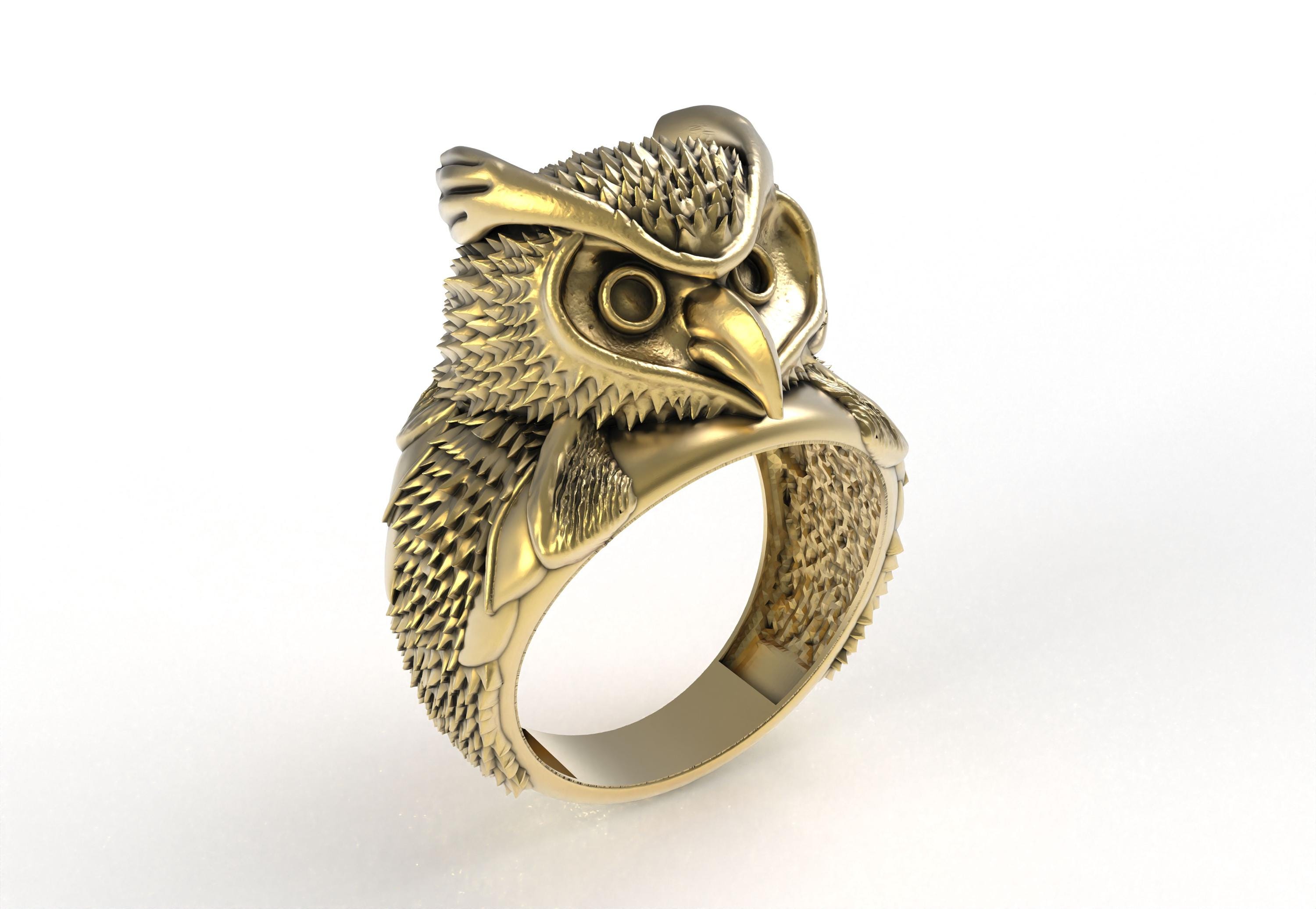 Gold Owl Signet Ring Unique Nature-inspired Men's Jewelry, Engraved Promise Ring, Vintage Gift f