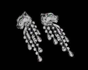 Platinum Panther Earrings – Luxury Panther Earrings with Emerald Crystal Detailing, Silver Leopard Head Dangle Earrings with Cubic Zirconia.