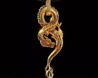 14K Gold Plated Pendant, Dragon Serpent Pendant, Fantasy Dragon Necklace, Mythical Creature Jewelry, Artisan Dragon Charm Gift, Animal Gift.