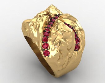 Organic 14K Gold Plated Statement Ring, Red Gemstone Sculptural Ring, Modern Artisan Ring, Chunky Cocktail Ring, Gift for Men's, Unisex Ring