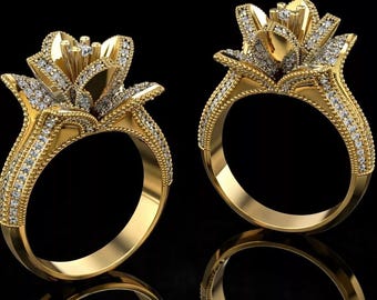 Lotus Flower Engagement Ring, Floral Ring, 925 Silver 14K Gold Plated Ring, Nature Inspired Bridal Ring, Unique Wedding Jewelry, Gift Her.
