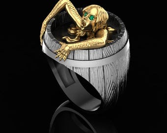 Siren Rising From The Depths Ring – Mermaid Barrel Ring, Fantasy Ocean Jewelry, 925 Silver 14K Gold Plated Ring, Wooden Barrel, Gothic Ring.