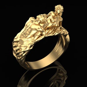 Mythology Couple Ring in 925 Silver, 14K Gold Plated Sculpture Ring, Artistic Statement Ring, Handmade Wearable Art Jewelry, Unisex Ring.