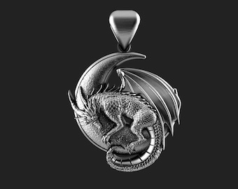 Silver Moon Dragon Pendant | Dragon Necklace | Silver Dragon Jewelry | Dragon Gift | Elven Jewelry | Dragon Lover | Medieval Gothic Amulet.
