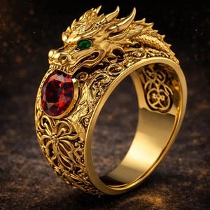 Dragon Head Ring 925 Sterling Silver 14K Gold Plated, Red Gemstone Statement Ring, Fantasy Dragon Jewelry, Bold Unisex Gift Ring