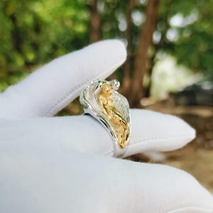 May include: A two-tone ring featuring a gold-colored figure within a silver-colored wave design. The ring is held in a white glove, with a blurred green and brown background.