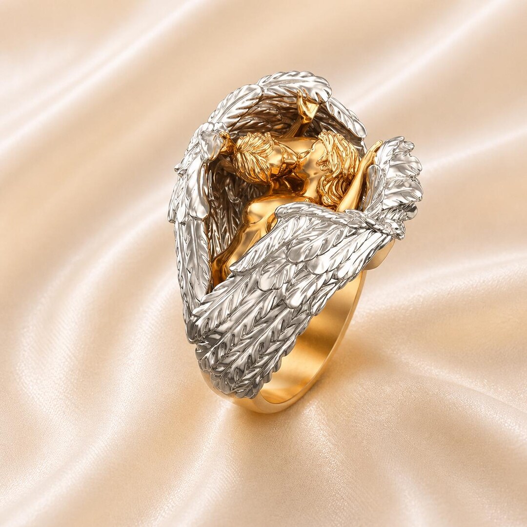 Angel Wing Ring Two Tone Silver Gold Plated Ring, Guardian Angel ...