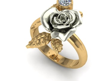 Two Tone Rose Flower Ring, 925 Silver & 14K Gold Plated Ring, Floral Statement Ring, CZ Solitaire Rose Ring, Nature Inspired Jewelry Gift.