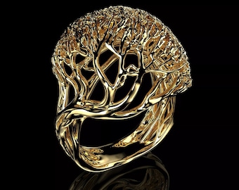 Tree of Life Ring, Nature Inspired Statement Ring, 925 Silver 14K Gold Plated Ring, Woodland Jewelry, Artisan Tree Ring Gift, Gift for her.
