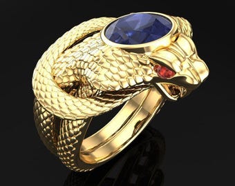 14k Gold Plated Snake Ring, Blue Color Stone Serpent Ring, Animal Lover Wrap Ring, Statement Jewelry, Handmade 925 Silver Ring, Unisex Gift.