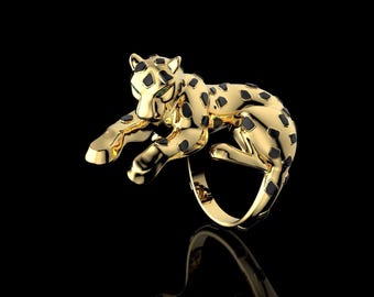 Panther Statement Ring with Minimal Luxury Big Cat Jewelry, Leopard Ring for Women & Men,Gold Panther Jewelry with Black Ename,Wild Cat Ring