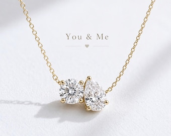 14K Gold Toi et Moi Halskette, Zwei Stein Diamant Anhänger, Minimalistischer Jubiläums Schmuck