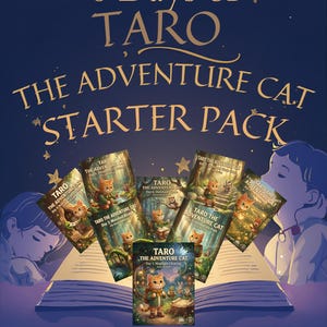 May include: An advertisement for "8 Days of Taro: The Adventure Cat Starter Pack." The image shows multiple book covers with an illustrated orange cat. The text reads "Magical tales to drift you into dreams." and "Download your e-book collection today."