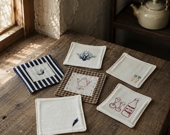 Handgemaakte geborduurde stoffen onderzetters Cottagecore vierkante mok tapijt rustiek koffieonderzetter tafeldecor linnen maritiem decor